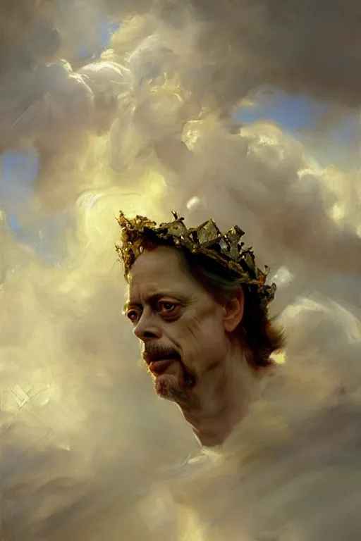 Image similar to beautiful detailed expressive impressionistic oil painting portrait of ancient roman god emperor steve buscemi ascending into the clouds wearing the civic crown, renaissance painting, art by anders zorn, wonderful masterpiece by greg rutkowski, expressive brush strokes, beautiful cinematic light, american romanticism by greg manchess, jessica rossier