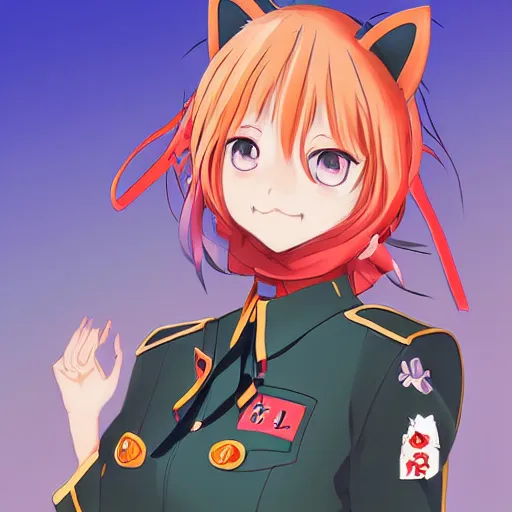 Image similar to digital artwork of adult female anime character with cat ears wearing soviet era uniform, wearing a tshirt with a face of karl marx on it, in the style of krenz cushart