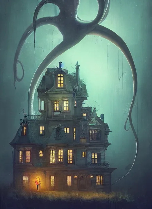 Image similar to giant squid destroying a glowing mansion in burning vapor dramatic lighting, artstation, matte painting, alexander jansson, allen williams, anja millen