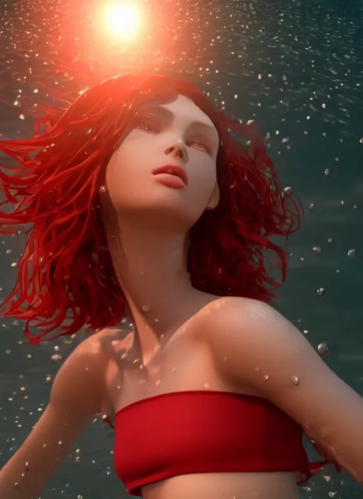 Image similar to gorgeous girl, symmetrical face, short red hair, crop top, daisy dukes shorts. by art germ, trending on artstation, unreal engine, octane render, cinematic, ultra detailed, 4 kmagical, lights, sunset, mysterious, serene, sunlight, ocean, flowing, floating water, splashing water, glowing, mystical, mysterious, lights, bokeh. 4 k