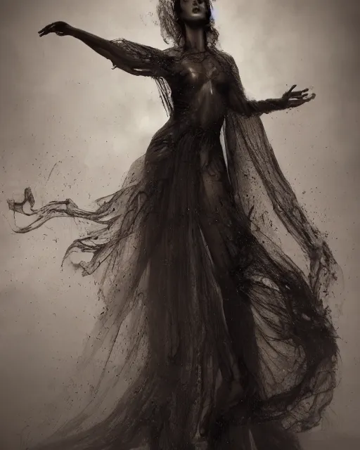 Image similar to professional render ethereal ghostlike valkyrie figure fluid simulation in houdini dancing in dark smoke robes and silk veils by ilm, paolo roversi, nick knight, gill elvgren, beautiful simplified form distorted by turbulent movement, dark studio background, vivid, romantic, trending on artstation, hyperrealism, matte painting, dutch golden age, fine detail, cgsociety