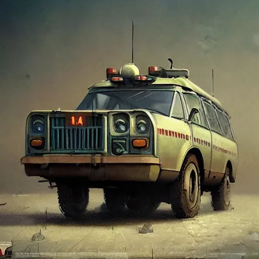 Prompt: a highly detailed epic cinematic concept art CG render digital painting artwork: dieselpunk Soviet 1980s police patrol car. By Greg Rutkowski, Ilya Kuvshinov, WLOP, Stanley Artgerm Lau, Ruan Jia and Fenghua Zhong, trending on ArtStation, subtle muted cinematic colors, made in Maya, Blender and Photoshop, octane render, excellent composition, cinematic atmosphere, dynamic dramatic cinematic lighting, precise correct anatomy, aesthetic, very inspirational, arthouse