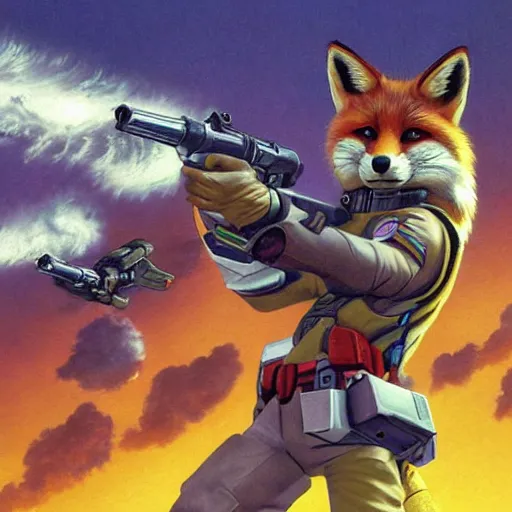 Prompt: an action portrait of fox mccloud holding a blaster, suspenseful, heroic, anthropomorphic furry art, star fox, close up, by jim burns and peter elson