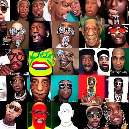 Prompt: bill cosby as gucci mane face tats gang signs with hands rap album cover art photo realistic lifelike hyperrealism rap music grills in mouth gang signs with hands face tattoos bling bling - n 4