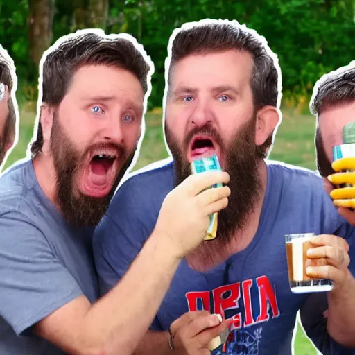 Image similar to nelk boys shotgunning a beer in real life, 8 k, 4 k uhd, realistic, hyper realistic, super detailed, very detailed, detailed