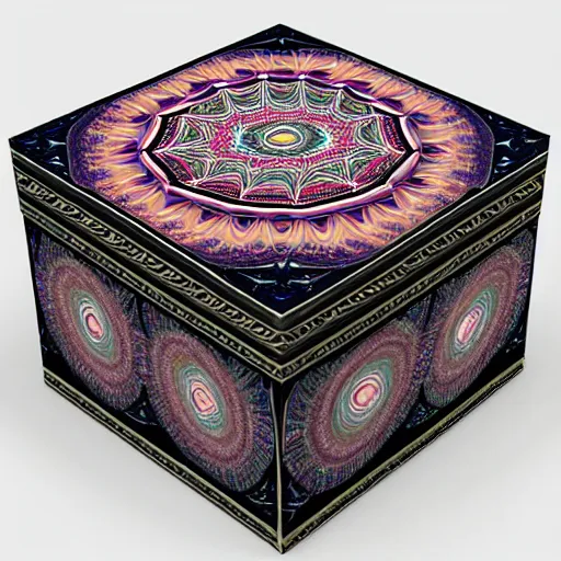 Prompt: ornate psychedelic twisting three dimensional mandala vortex inside a hexagonal box, intricate detail, complex