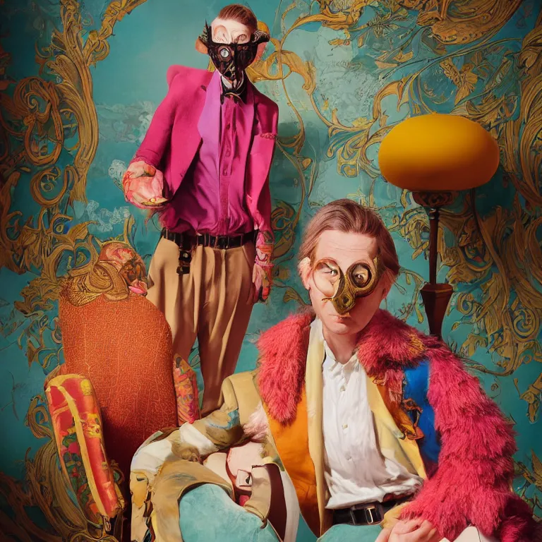 Image similar to vogue photoshoot octane render portrait by wayne barlow and carlo crivelli and glenn fabry, focus on an eccentric man in a bright colorful pastel wes anderson uniform and a vintage mask inside a high - end exotic vintage boutique hotel lounge, very short depth of field, bokeh