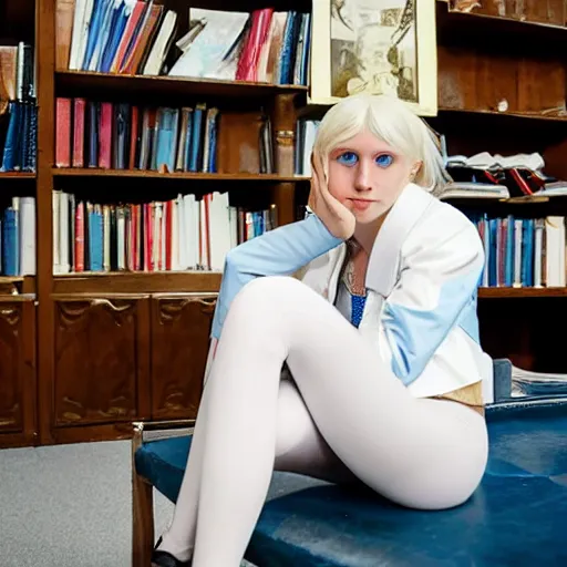Image similar to aristocratic platinum - blonde - haired hime - cut blue - eyed 1 9 - year - old french princess wearing white leggings and black jacket, sitting in a communist office chatting with a bolshevik officer, colorized hd photograph