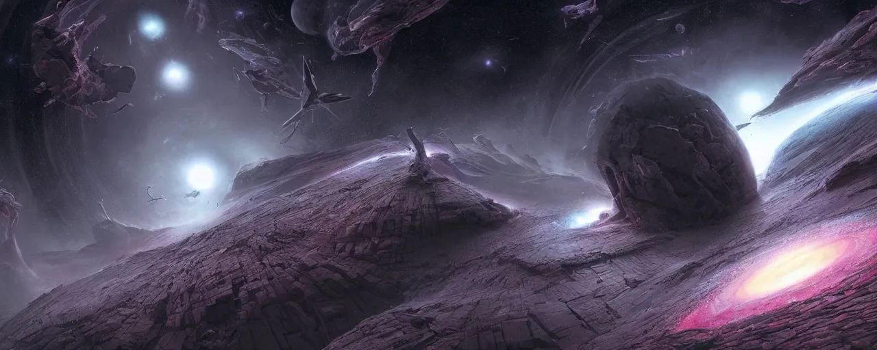 Image similar to dark galaxy panorama in space by wayne barlowe, realistic lighting, dynamic lighting, octane render