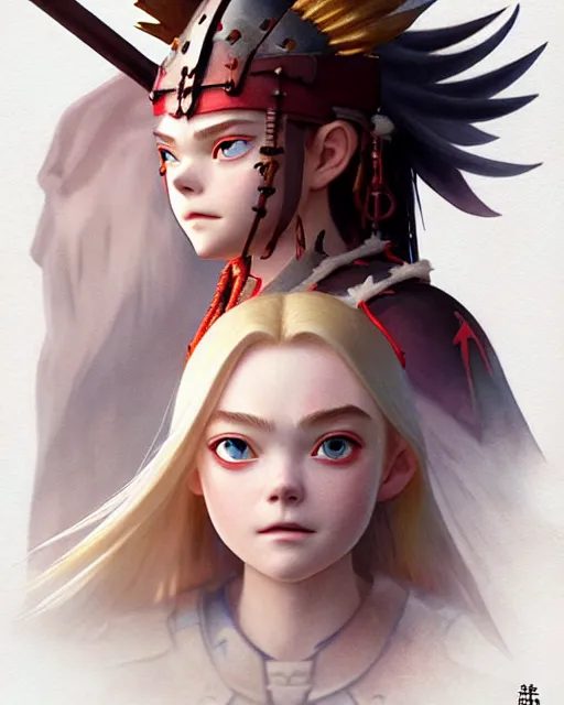 Prompt: elle fanning as an azctec warrior, detailed perfect face, exquisite details, fire magic, mid view, design on a white background, by studio muti, greg rutkowski makoto shinkai takashi takeuchi studio ghibli