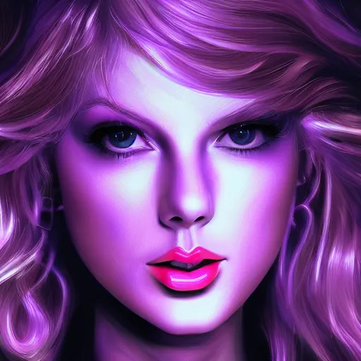 Image similar to closeup portrait of an ethereal Taylor swift made of purple light, divine, cyberspace, mysterious, dark high-contrast concept art