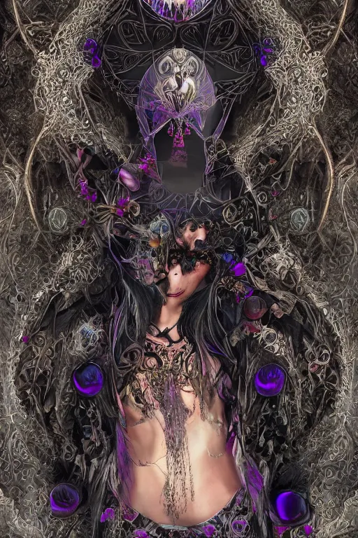 Image similar to highly detailed, digital painting of a beautiful arcane witch in a dark intricate ornate fractal-lace and gemstones mask, wearing a stunning silky bio-luminiscent neon-noir neo-goth dress, subdued dark pastel colors palette, full view, soft lighting, vivid, Hyperdetailed, 4k hd matte, 8k resolution, enchanting and otherworldly, detailed, front view, Portrait backlighting, Kodakchrome, high contrast, Gsociety, trending on ArtstationHQ, dreamscape maximized.