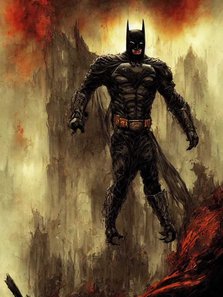 Prompt: ancient damned batman, dark and gritty, fantasy artwork, warm colors, by seb mckinnon