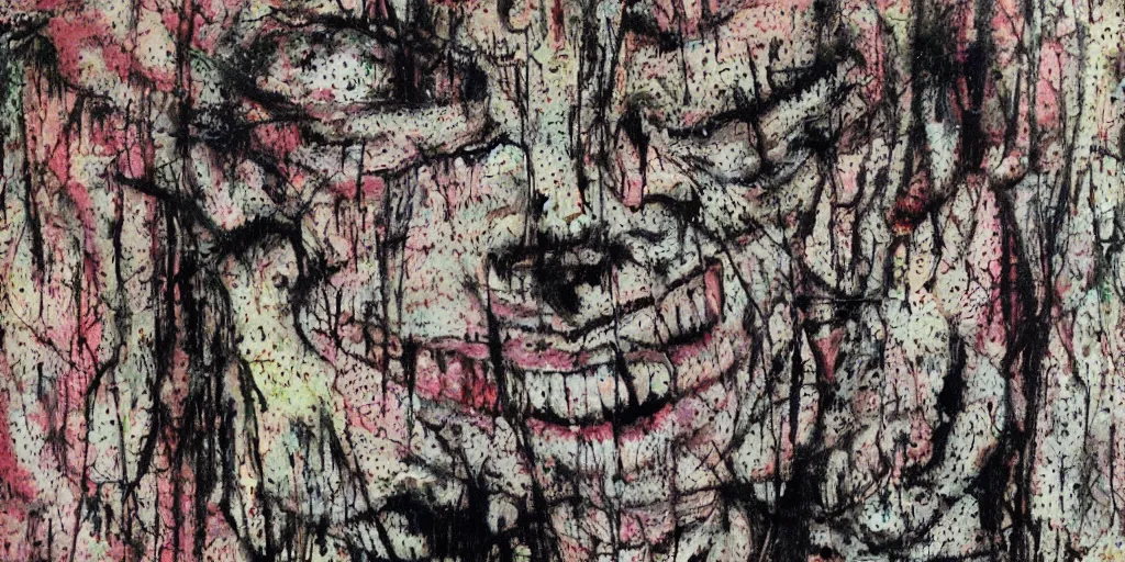 Image similar to camo made of teeth, smiling, abstract, francis bacon artwork, cryptic, dots, stipple, lines, splotch, color tearing, pitch bending, faceless people, dark, ominious, eerie, minimal, points, technical, old painting