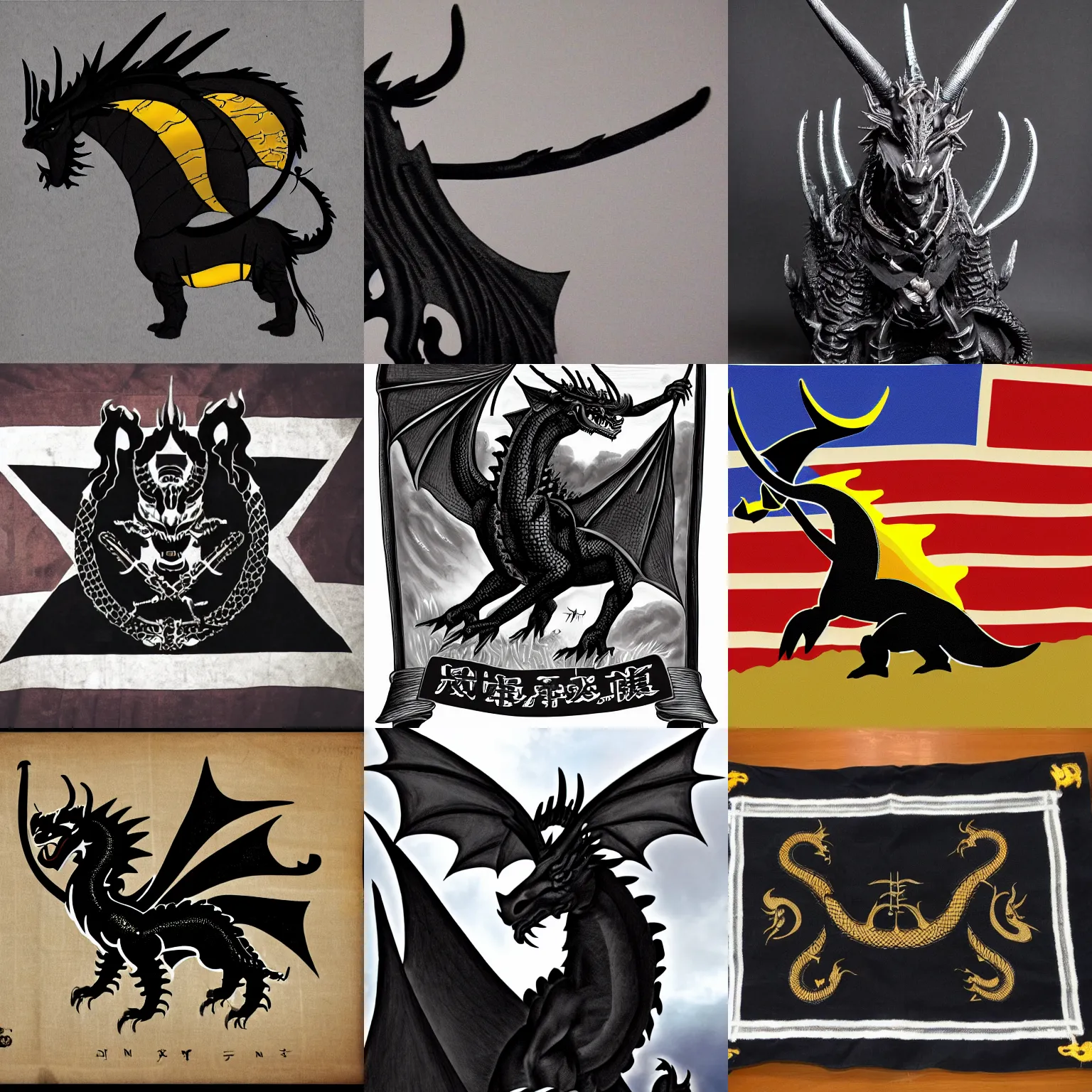 Image similar to a black western dragon with four horns waving a Haskell flag