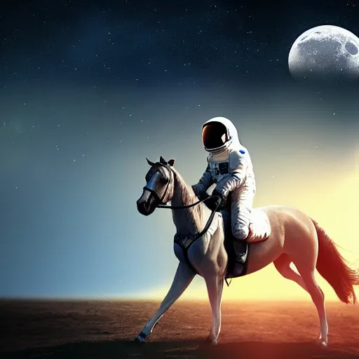 Image similar to an astronaut riding a horse uhd 8 k, artstation, hd, hdr, shuttershock, dramatic lighting, beautiful landscape, moon in the background, incredibly detailed