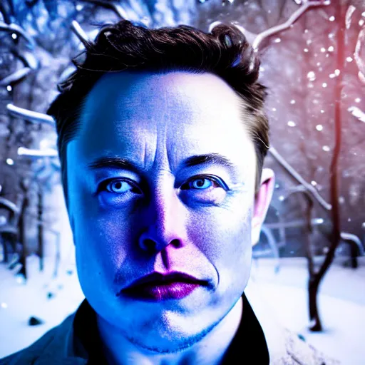 Prompt: Frozen Elon Musk covered in snow, blue, winter, grungy, unkept hair, glowing eyes, modelsociety, radiant skin, huge anime eyes, RTX on, perfect face, directed gaze, intricate, Sony a7R IV, symmetric balance, polarizing filter, Photolab, Lightroom, 4K, Dolby Vision, Photography Award