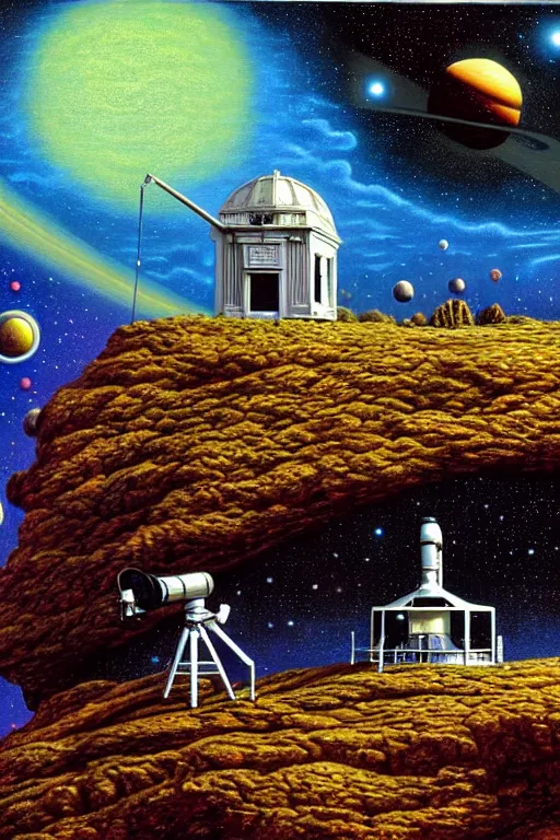 Prompt: a hyperrealistic painting of an ornate observatory resting on the cliff of an alien terrain, telescope pointing towards space galaxies and stars by chris cunningham and richard corben, highly detailed, vivid color,