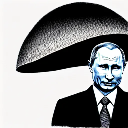 Image similar to vladimir putin wearing a nuclear mushroom cloud blast for a hat, cartoonish, ultra detailed pencil drawing, full perspective