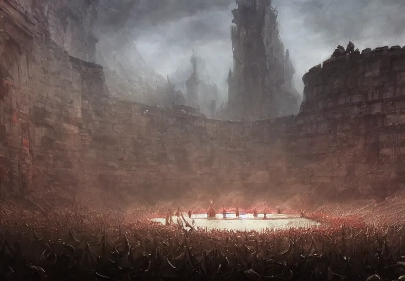 Prompt: ancient arena, surrounded by gladiators, gritty, beksinski, wayne barlowe, ruan jia, dark soul concept art, the hobbit concept art