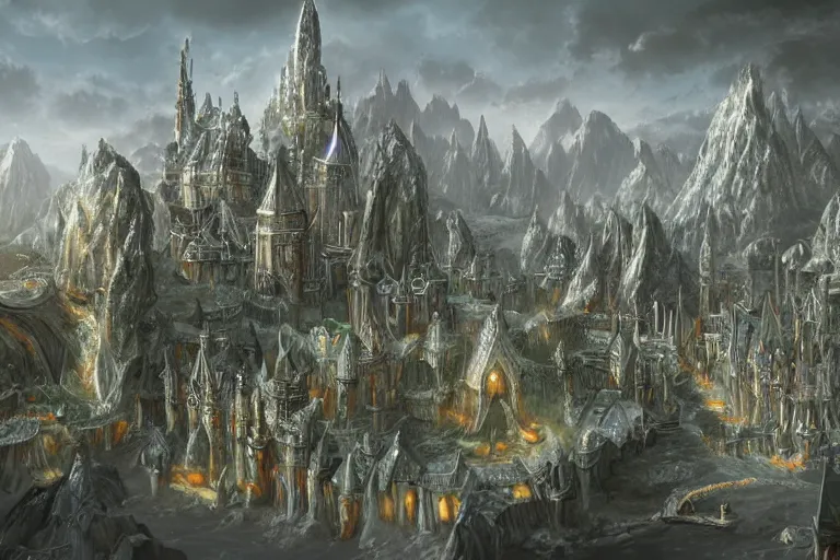 Image similar to silver elven city, highly detailed, d & d, fantasy, highly detailed, digital painting, trending on artstation, concept art, sharp focus, illustration