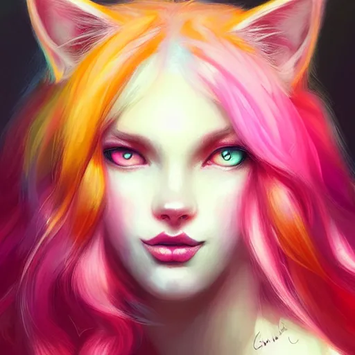 Image similar to colorful and festive cat with pink hair,. rich vivid colors, ambient lighting, dynamic lighting, 4 k, atmospheric lighting, painted, intricate, highly detailed by charlie bowater