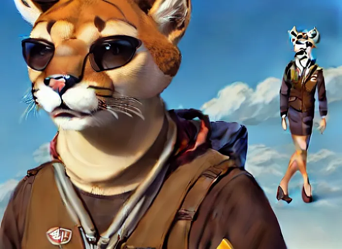 Image similar to character portrait feature of the anthro female anthropomorphic puma bobcat mountain lion fursona wearing airline pilot outfit uniform professional pilot for delta airlines character design stylized by charlie bowater, ross tran, artgerm, and makoto shinkai, detailed, soft lighting, rendered in octane, peru in background