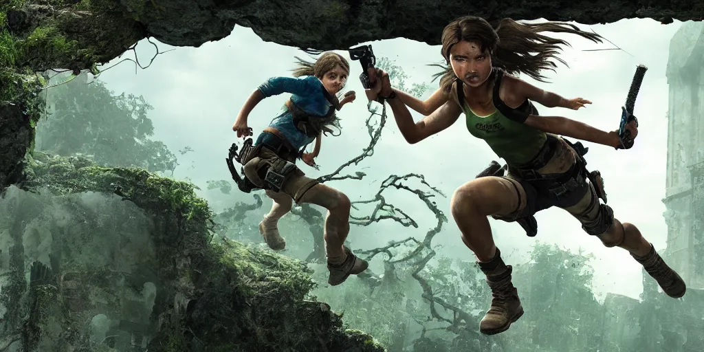 Prompt: a badass action shot of young Lara Croft jumping down from a weathered stone, zombies tearing on clothes, an ancient white and blue dungeon with bright green vines overgrowing