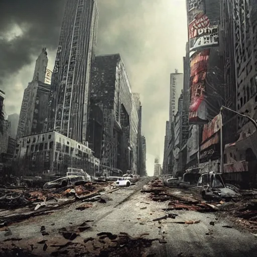 Image similar to new york abandoned attacked by giant worm, post apocalyptic, damage road