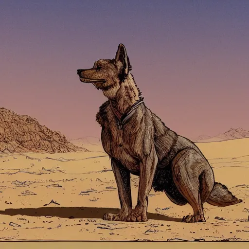 Prompt: wild hungry desert dog, standing in the atacama desert, evil looking, highly detailed, ron cobb, moebius, mike mignola, trending on art station, illustration, comic book