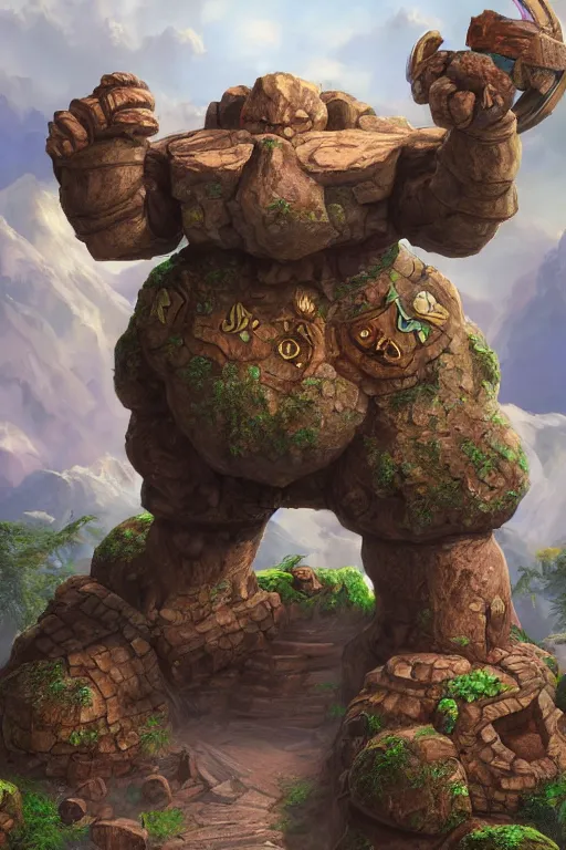 Image similar to zelda fantasy art giant golem troll wood rock greeble gemstone, global illumination ray tracing hdr fanart arstation by sung choi and eric pfeiffer and gabriel garza and casper konefal