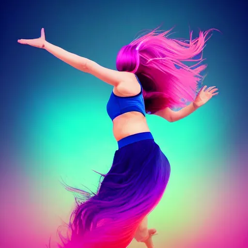 Image similar to a award winning full body shot of a beautiful woman in a croptop with a ombre purple pink teal hairstyle with head in motion and hair flying, outrun, vaporware, vivid colors, highly detailed, fine detail, intricate
