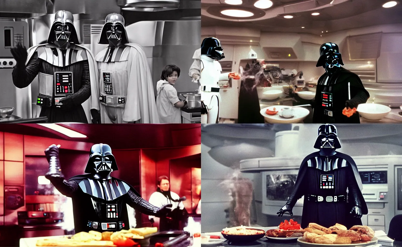 Prompt: darth vader hosting a 1990s cooking show aboard the Death Star, archival broadcast footage, 480p, low-contrast, chromatic aberration
