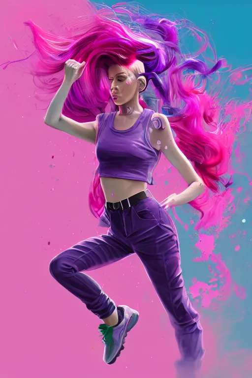 Image similar to a award winning half body porttrait of a beautiful woman in a croptop and cargo pants with ombre purple pink teal hairstyle with head in motion and hair flying, paint splashes, outrun, vaporware, shaded flat illustration, digital art, trending on artstation, highly detailed, fine detail, intricate