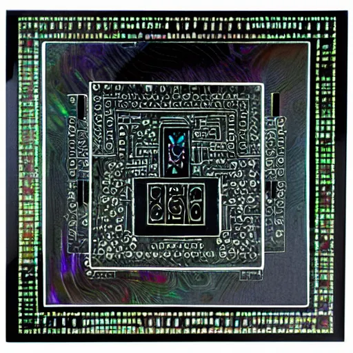 Image similar to black cube on a black background with intricate iridescent mother - of - pearl inlay art in the style of a circuit board