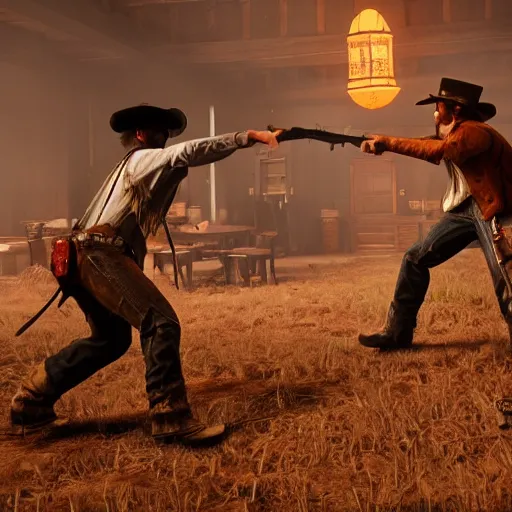 Image similar to a fight between 2 cowboys, in a saloon with broken furniture, in the style of rockstar red dead redemption 2, concept art, 8 k, trending on artstation, brushstrokes