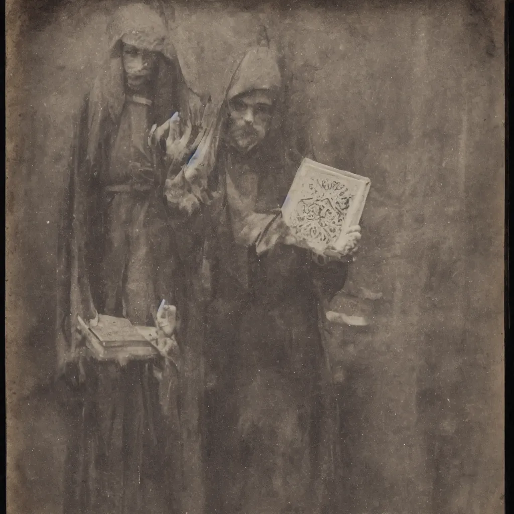 Image similar to tintype of a pagan cultist with occult books