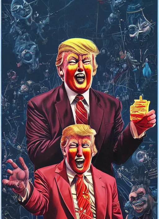 Prompt: donald trump is a disgusting clown, grotesque, horror, high details, intricate details, by vincent di fate, artgerm julie bell beeple, 1 9 8 0 s, inking, vintage 8 0 s print, screen print