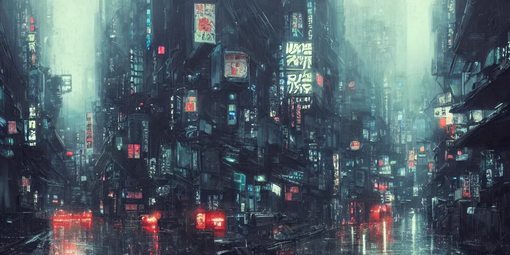 Prompt: Scene of a dark and gritty japanese cyberpunk city in the rain during midnight, heavy contrast, 4k, cozy wallpaper, trending on Artstation, award-winning, art by Greg Rutkowski