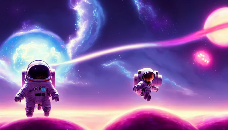 Image similar to a still of a cute kawaii astronaut android riding a large neon kaiju dragon, nebulous background of dynamic space, a dramatic composition by wlop and greg rutkowski and makoto shinkai and studio ghibli and kyoto animation, highly detailed, digital painting, matte