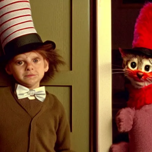 Prompt: live action cat in the hat in the film the shining