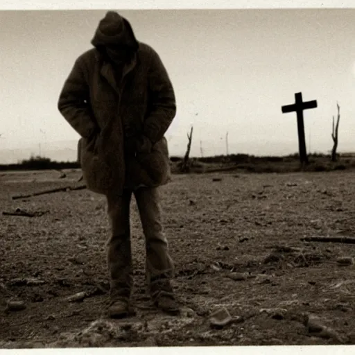 Image similar to a lone man is kneeling before a wooden cross in a barren wasteland as the plume from the explosion of a nuclear bomb is seen in the distance