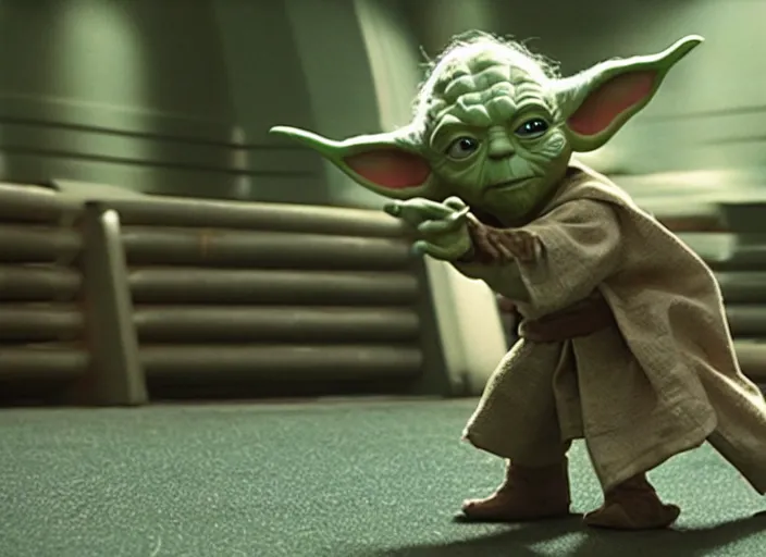 Image similar to film still of yoda uses the force to roll a bowling bowl down a lane in a bowling alley in the new Star Wars movie, 4k