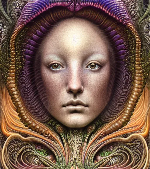 Image similar to detailed realistic beautiful psychedelic goddess face portrait by jean delville, gustave dore, iris van herpen and marco mazzoni, art forms of nature by ernst haeckel, art nouveau, symbolist, visionary, gothic, neo - gothic, pre - raphaelite, fractal lace, intricate alien botanicals, ai biodiversity, surreality, hyperdetailed ultrasharp octane render
