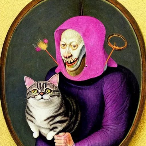 Image similar to portrait of the cat of cheshire bosch with pink and purple stripes and a huge malicious smile by hieronymus bosch. oil on wood