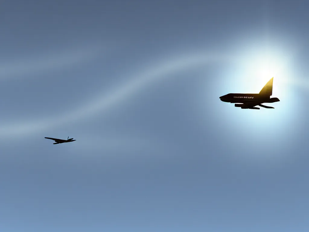 Prompt: a blurry image of a plane flying in the sky, an ambient occlusion render by ronnie landfield, pexels, objective abstraction, anamorphic lens flare, velvia, matte background