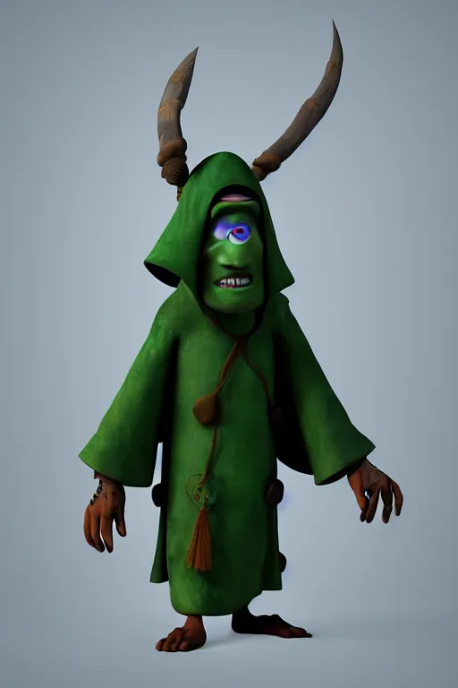 Prompt: A cute shaman from a Pixar movie with no nose, glowing eyes and a very long hooded dark green cloak of leaves, 3D render, stylized, Cycles Render