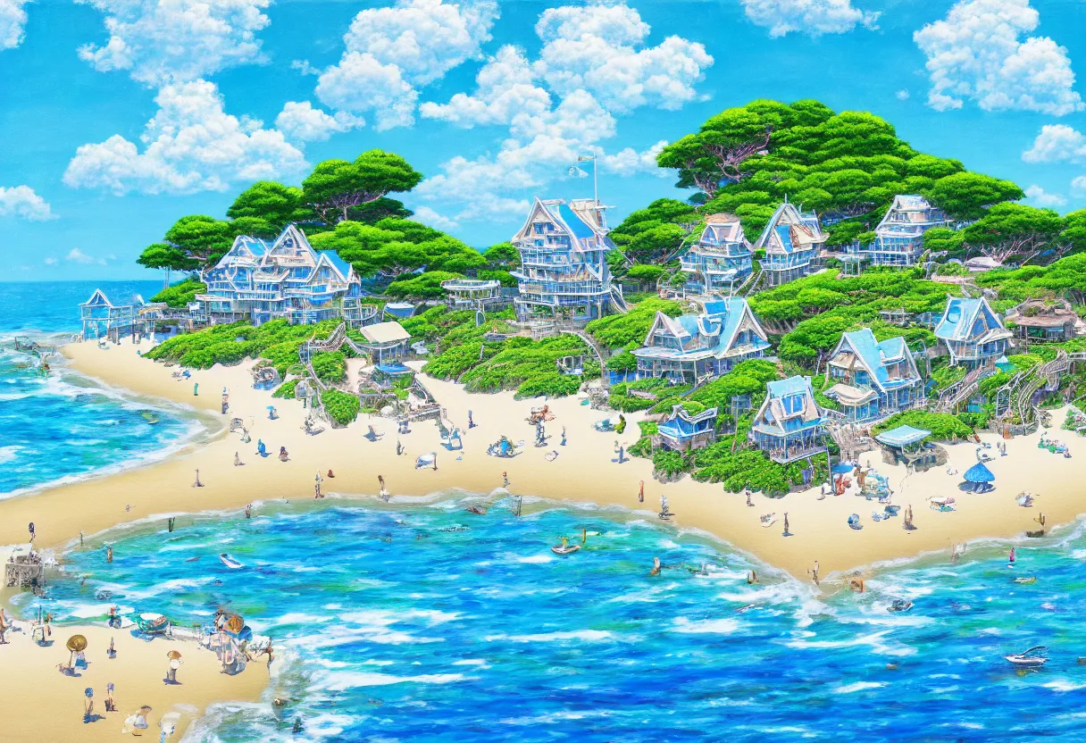 Image similar to a beautiful ultradetailed painting of beach house at the seaside, sunny, close shot, studio ghibli sunlight, archdaily, wallpaper, highly detailed, trending on artstation