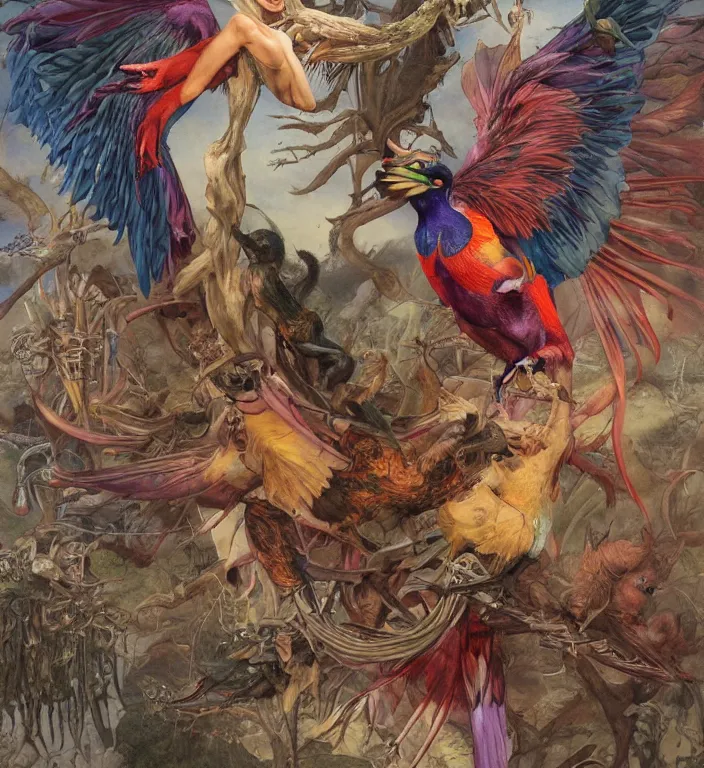 Image similar to a portrait photograph of a meditating fierce krysten ritter as a colorful harpy bird super hero with mutated sclaed skin. she has many skin grafts and cyborg body modifications. by donato giancola, hans holbein, walton ford, gaston bussiere, peter mohrbacher and brian froud. 8 k, cgsociety