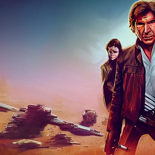 Image similar to harrison ford as han solo, colorful, contrast, 3 d scene, greg rutkowski, zabrocki, karlkka, jayison devadas, trending on artstation, 8 k, ultra wide angle, zenith view, pincushion lens effect